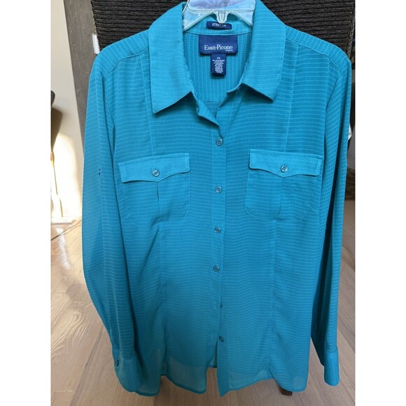 Evan Picone Blouse Women’s Plus Size 1X Button Turquoise Sheer Roll-tab Sleeves - Picture 2 of 5
